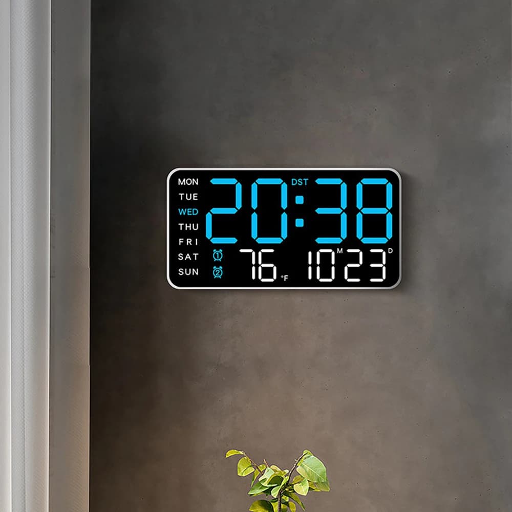 Large Digital Wall Clock Week Date Temperature Display Voice Control Table LED Strips Adjustable Brightness Clock 12/24 Hours