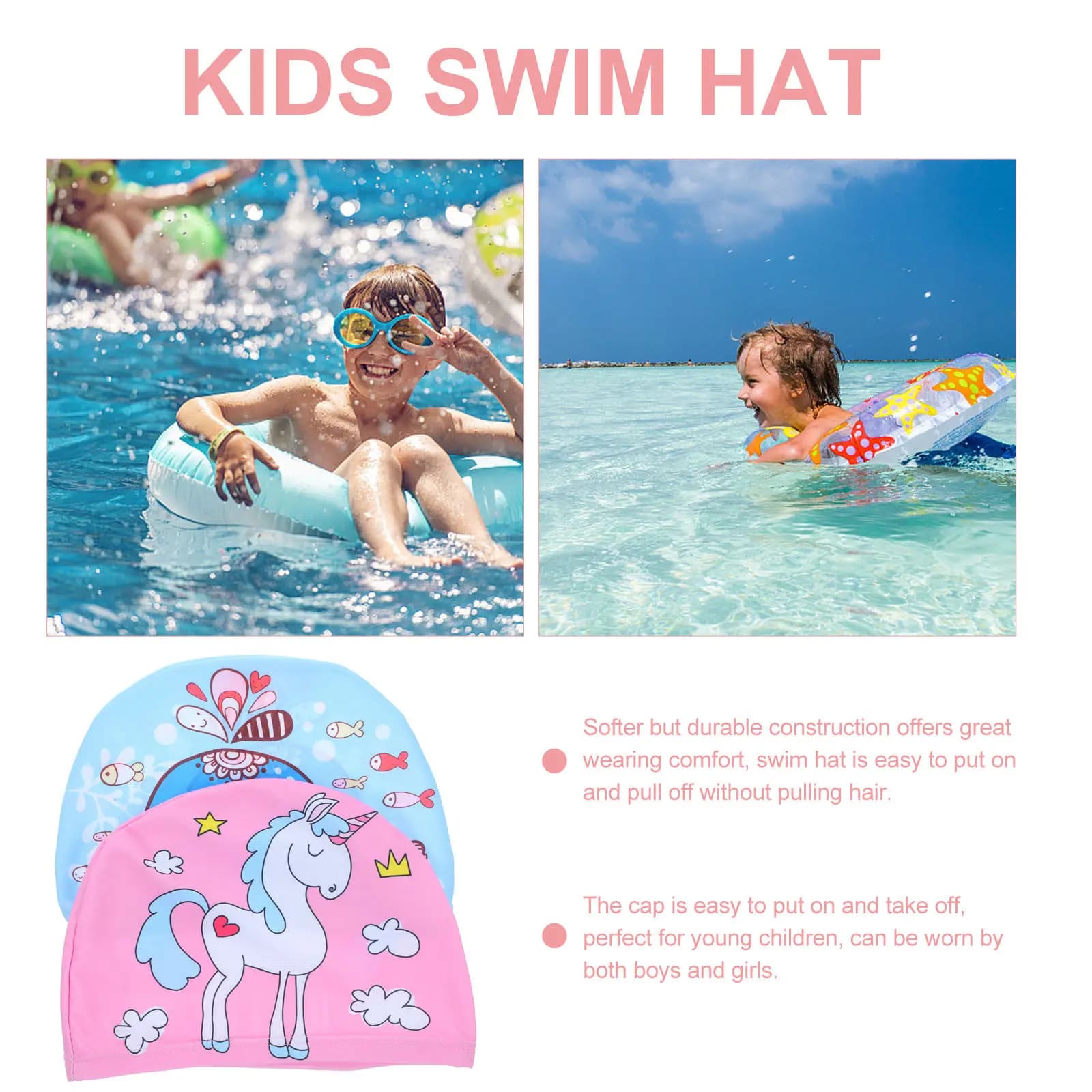 2 pieces of swimming caps with animated drawings, unisex, for hair protection, elastic and wear resistant, for interior and exterior