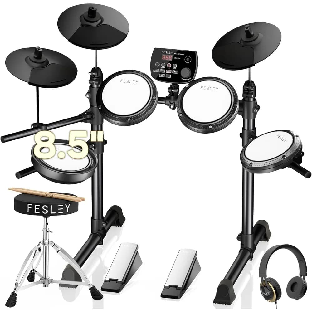 Electronic Drum Set for Beginner with 4 Quiet Mesh Pads Dual Zone Snare 2 Choke Cymbals 200 Sounds Bluetooth MIDI Throne
