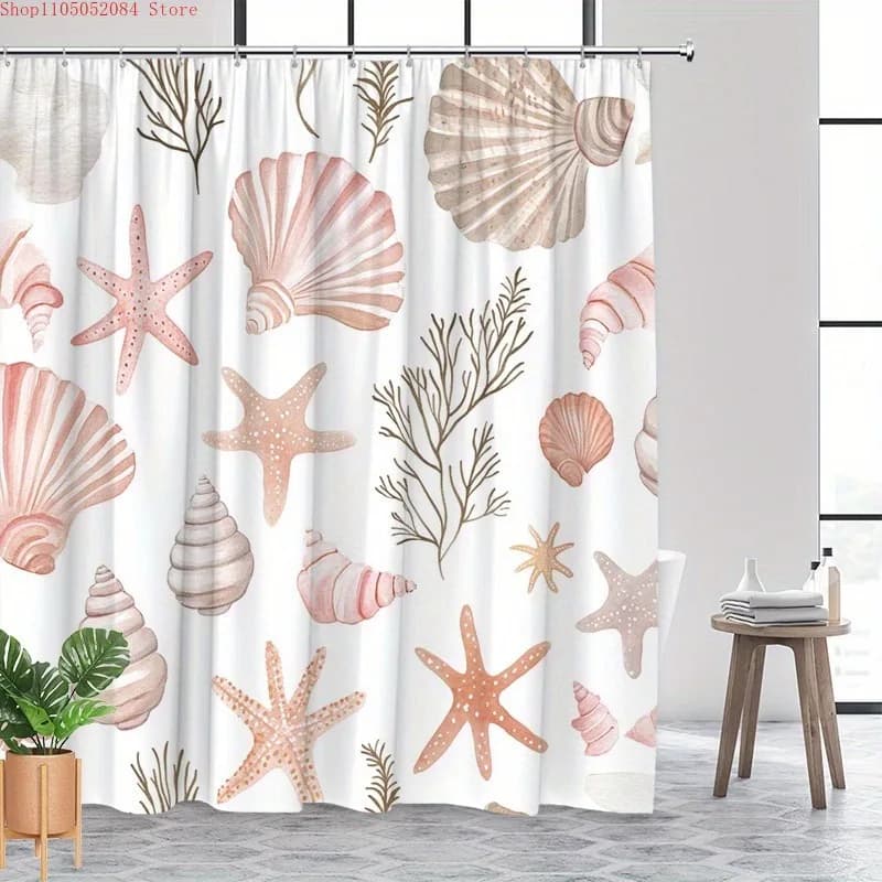 Tenda da doccia con conchiglie e creature marine, 1 pezzo, morbida acquerello - con ganci, impermeabile, antimuffa, facile da installare, lavabile