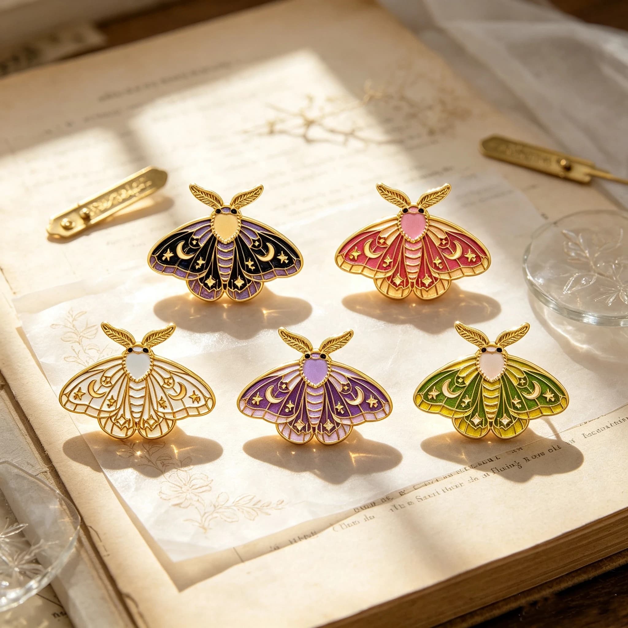 5pcs Vintage Star Moon Moth Enamel Pin Set Pink Insect Brooches Woman Men Backpack Accessories Bags Badge Lapel Jewelry Gifts