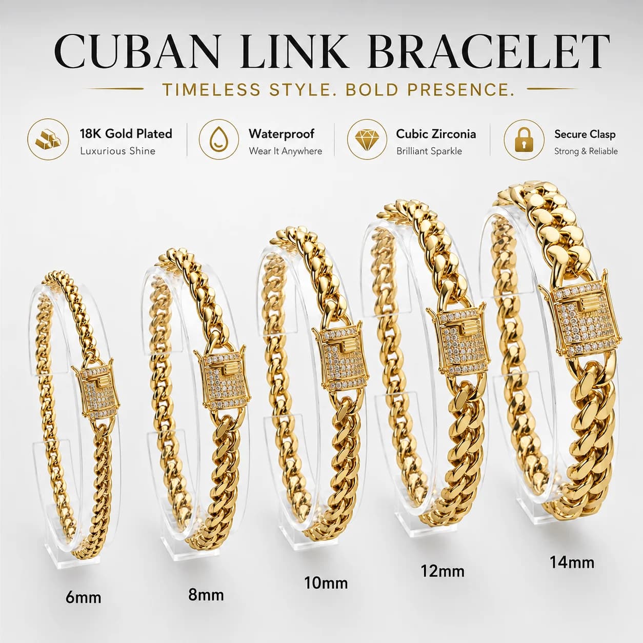 6-14mm Men’s 18K Gold Plated Cuban Link Bracelet – Waterproof, Cubic Zirconia, Secure Clasp, Luxury Streetwear Jewelry
