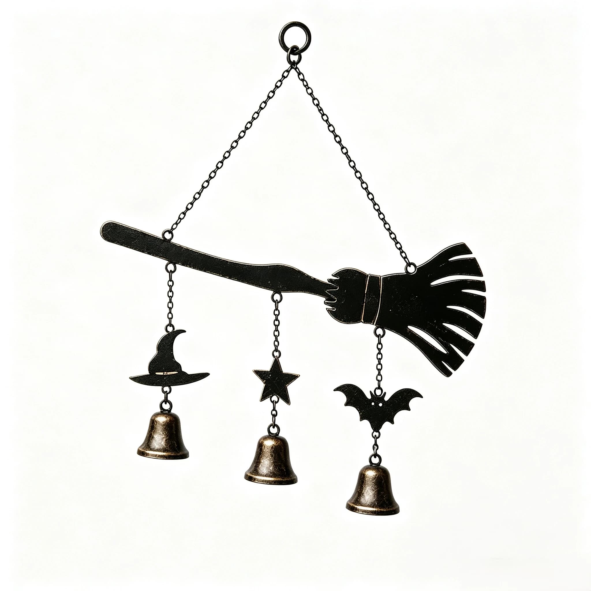 Broom Shaped Wind Chime for Halloween Decorations Garden Courtyard Porch Hanging Ornament Iron Indoor Outdoor 31x3.8x34cm