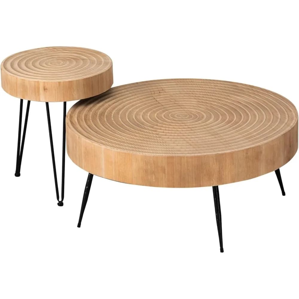 Modern seating set in 2 pieces, round stackable table with natural finish with wooden ring pattern handmade