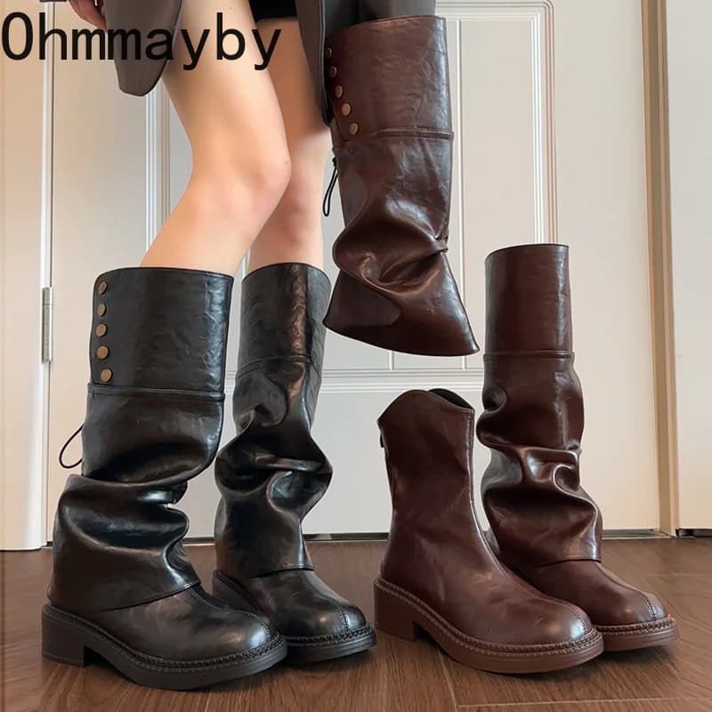 Two Ways Wear Women Detachable Knee High Boots Chunky Heel Leather Shoes Autumn Winter Ladies Ruched Mordern Pants Tube Booties