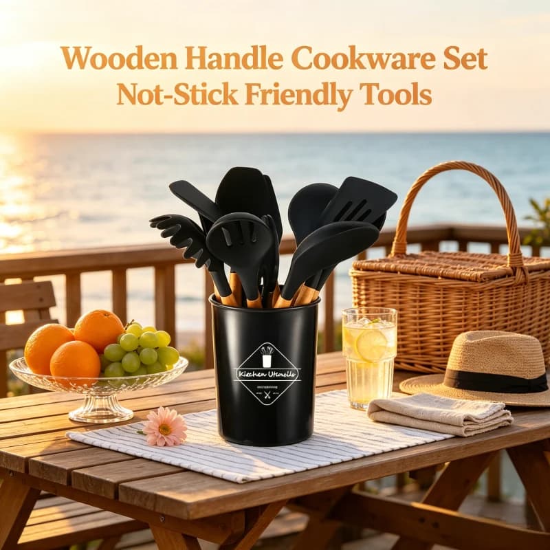 Black Silicone Kitchen Tools 12Pcs Wooden Handle, Non-stick Utensil Set with Exquisite Color Box for Daily Use
