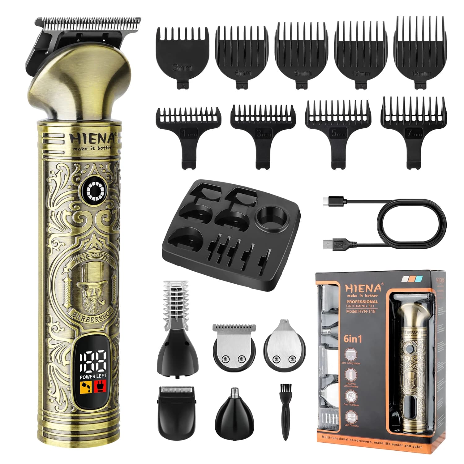 HIENA Tagliacapelli Professionale 6-in-1 per Uomo, Display LED, Trimmer per Barba Senza Fili, Kit di Cura Personale HYN-T18