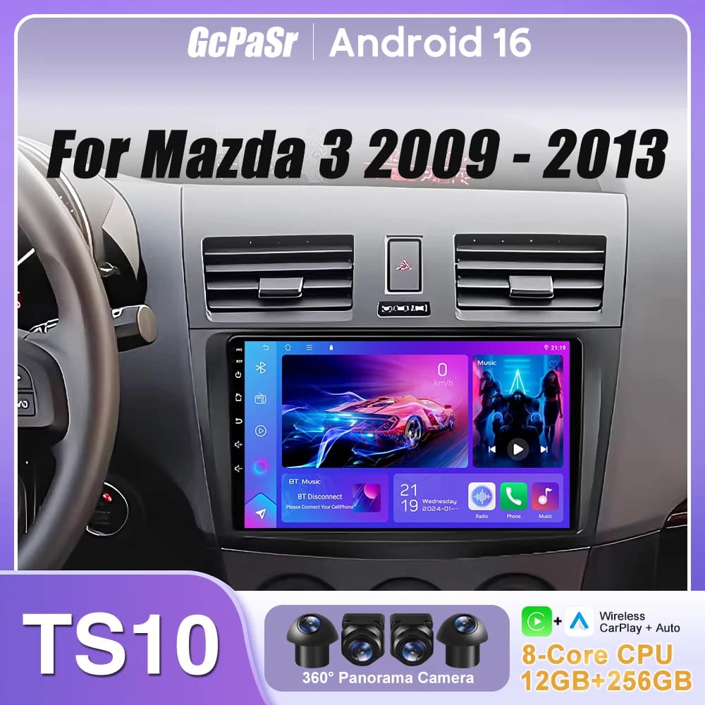 Autoradio Android con GPS e CarPlay per Mazda 3 2009-2013, Navigazione 16 Pollici, Android Auto, 4G WiFi, Unità Senza DVD 2din