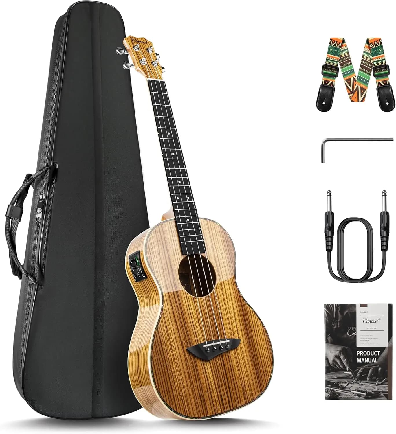 30-Inch Baritone Electric Ukulele with LCD Color Display, Zebra Wood High Gloss Finish, Professional Beginner Starter Pack Bundle - Includes Padded Gig Bag and Strap Set, Travel Guitar Kit