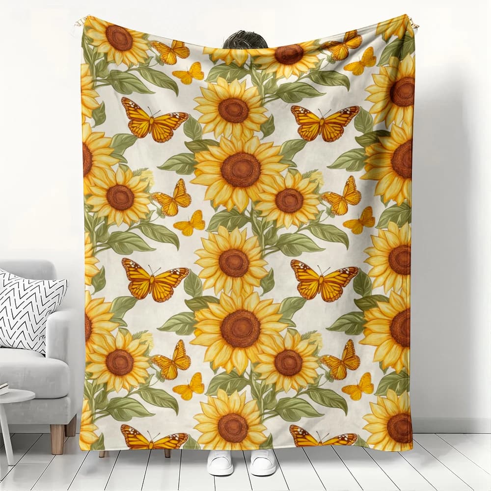 Coperta in Flanella con Girasoli e Farfalle, Plaid con Motivo Floreale Vivace, Morbida e Accogliente per Amanti della Natura, Decorazione per la Casa, Regalo Caldo per Divano