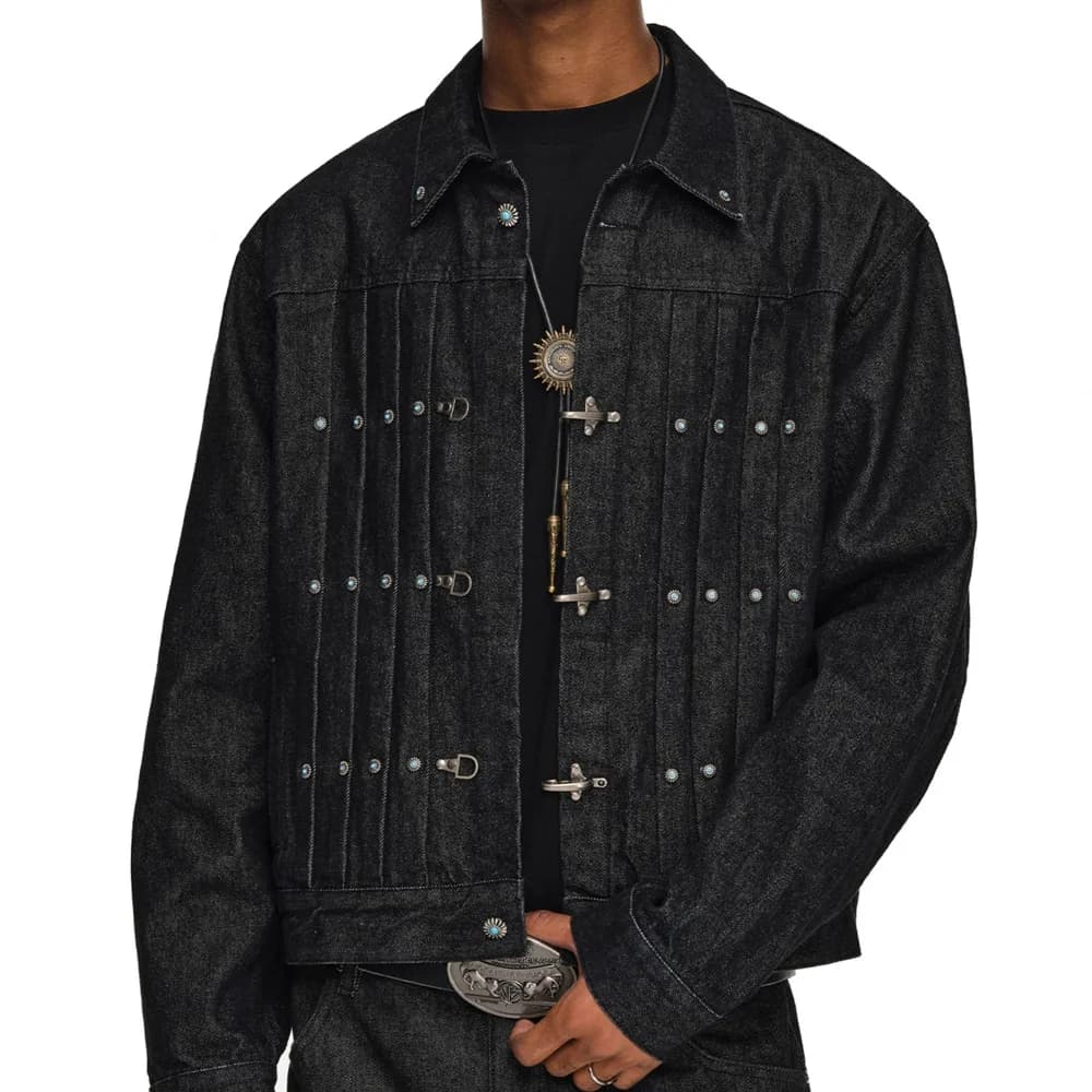 Giacca corta in denim con fibbia per aereo da uomo Streetwear Moda Hip Hop Giacca jeans con bottoni turchesi Cappotto da cowboy autunno primavera unisex