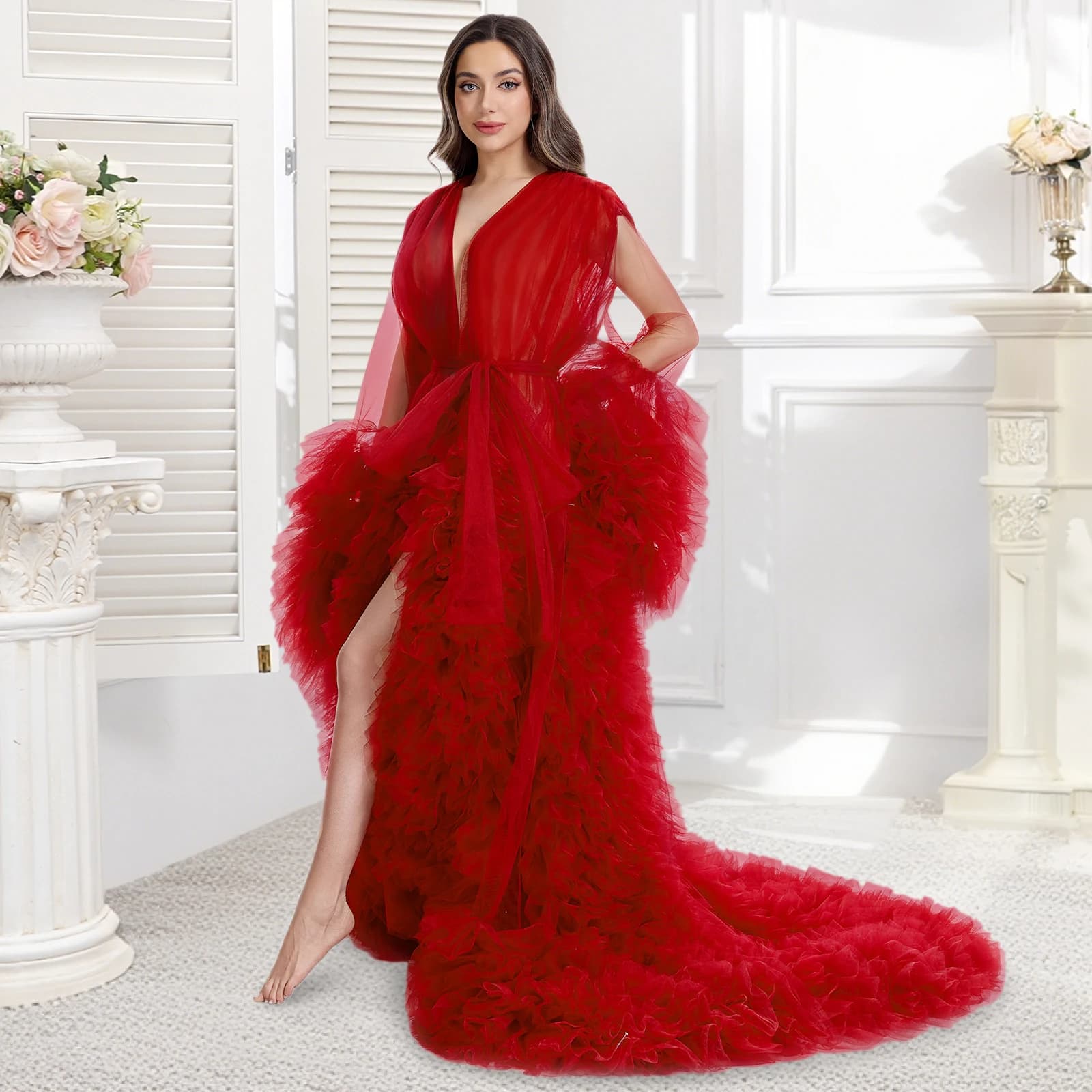 Abiti da Sposa Premaman con Scialle, Vestiti per Servizi Fotografici, Abiti in Tulle e Pizzo con Scollo a V Profondo, Vestaglie Personalizzate in Rete per Servizi Fotografici, Immagini Reali