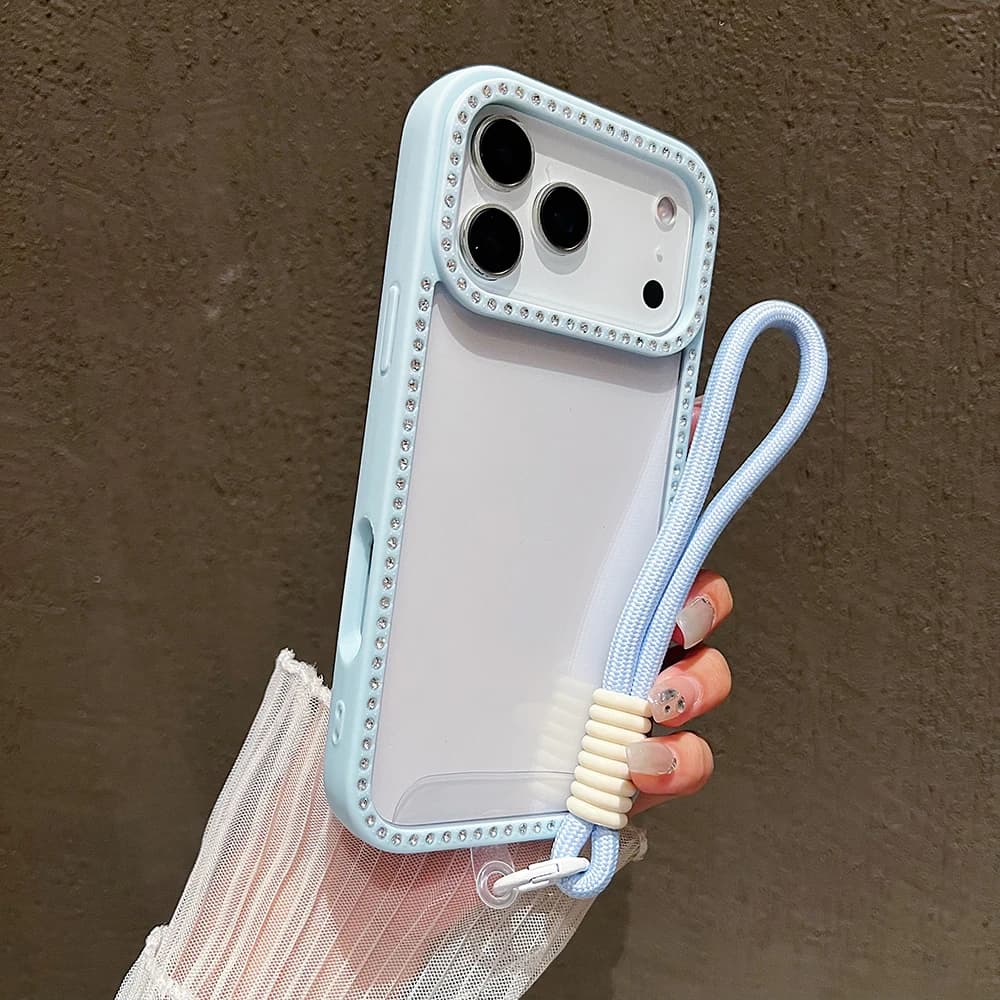 Custodia per telefono trasparente con diamante di lusso con cordino per iPhone 11 12 13 14 15 16 17 Pro Max Air Cover con cinturino da polso antiurto