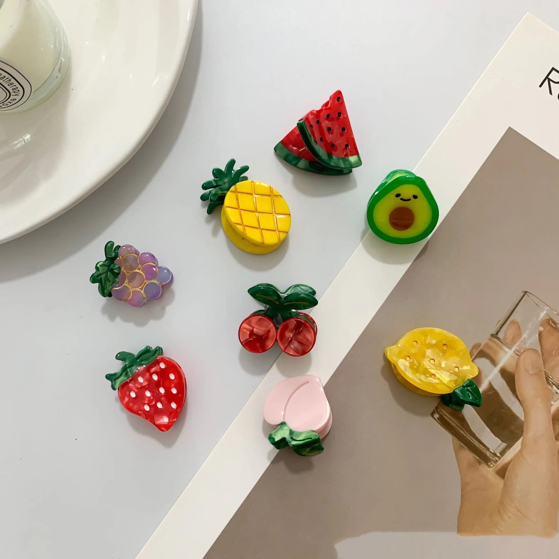 1 cartone animato frutta forcina in acetato carino piccolo afferrare fragola limone ciliegia uva frangia forcina rotta clip superiore accessori per capelli