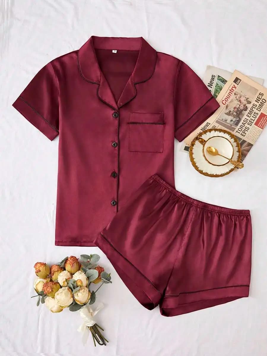 Satin Pajama Set With Contrast Piping Short Sleeve Top And Shorts