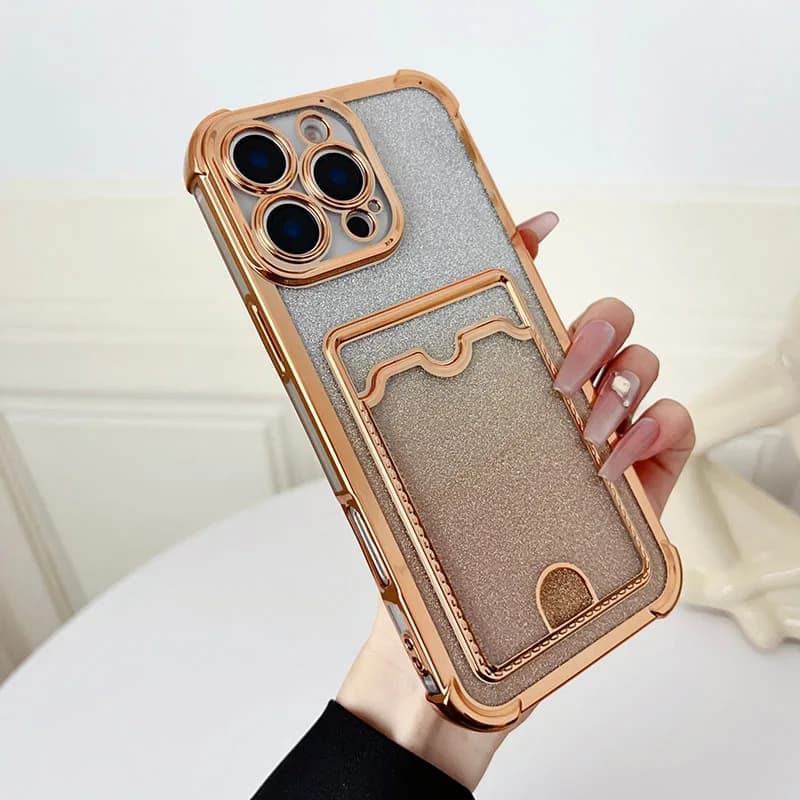 Glitter Gradient Color Plating Card Holder Phone Case for iPhone 17 Pro Max 16 15 14 Plus 13 12 11 Pro Max Soft Shockproof Cover