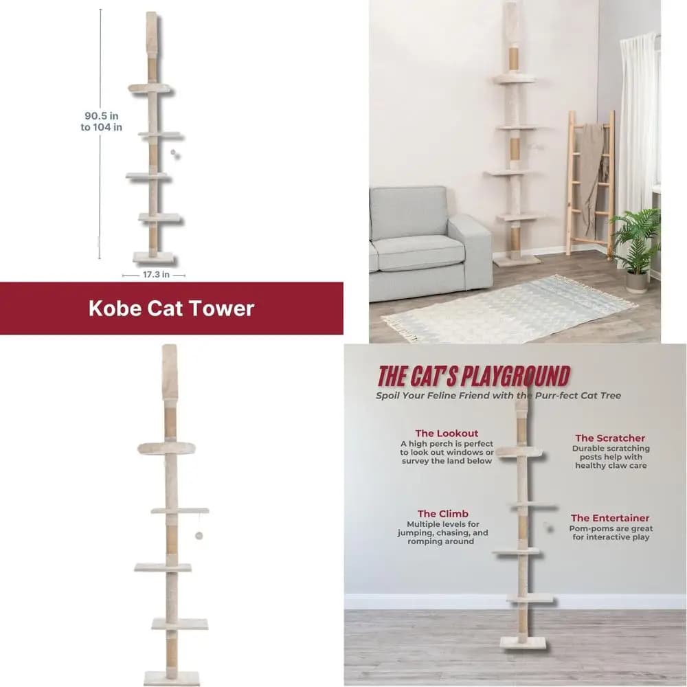 Torre per Gatti Rialzata con Pali in Sisal, Cuccia e Posatoio per Tirare e Arrampicarsi - Beige, 98 x 173 x 905