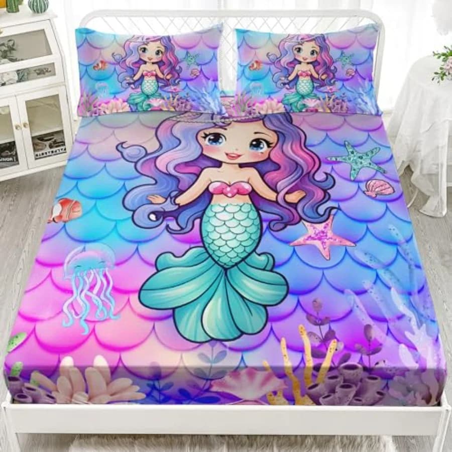 Lenzuolo con Angoli a Tema Sirena per Ragazze, Set Biancheria da Letto Principessa Sirena, Set Lenzuola a Tema Oceano Viola Blu con Scaglie di Pesce Acquerello