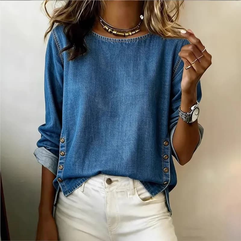 Camicia in Finto Denim Primavera 2026, Manica Lunga, Collo Tondo, Decorazione con Bottoni, Top per Donna, Tinta Unita, Blusa Semplice per Ufficio