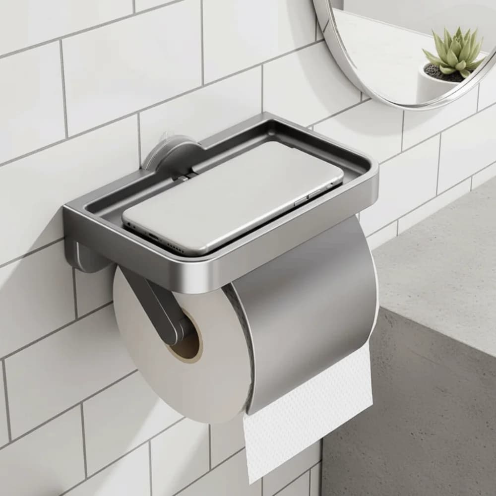 Wall-Mounted Suction Cup Toilet Paper Holder No-Drill Rustproof Paper Roll Storage Shelf Space Saving Phone Storage Tray