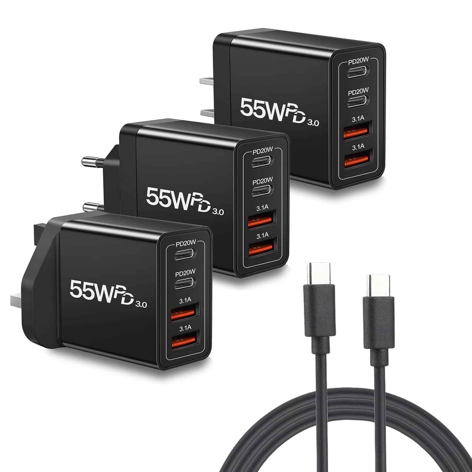 Caricabatterie rapido con cavo, spina EU/UK/US, 55W, 4 porte USB-C, caricatore da parete PD 3.0, adattatore di ricarica rapida per iPhone e Xiaomi