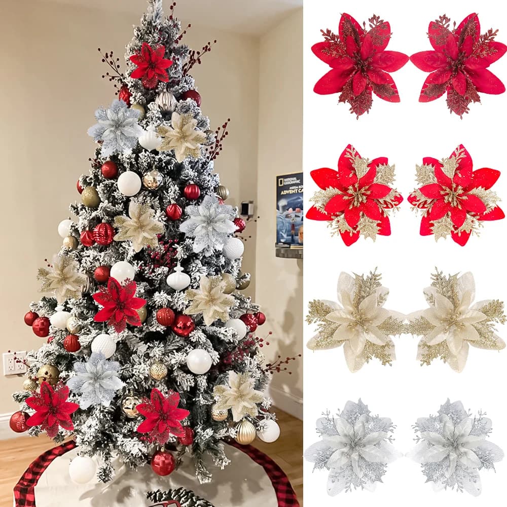 5-20 pezzi scintillanti rosso dorato argento Poinsettia fiori artificiali ornamenti per l'albero di Natale per la decorazione della festa di Natale Capodanno