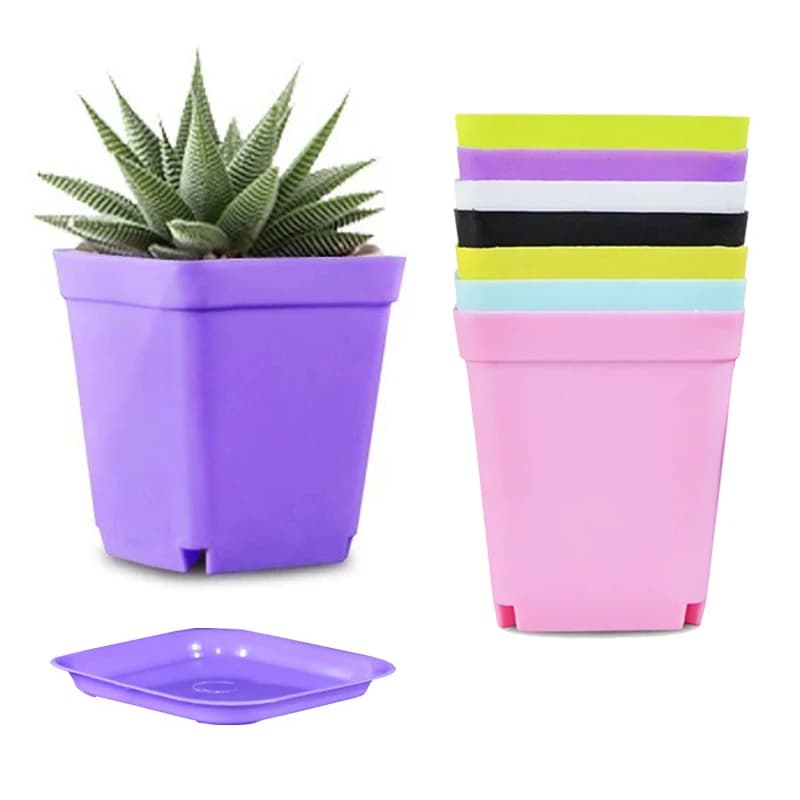 10PCS Square Mini Flower Pot Colors Candy Plastic Vase Plants Drainage Hole Tray Tray Succulent Garden Exterior Interior Nursery ZYF