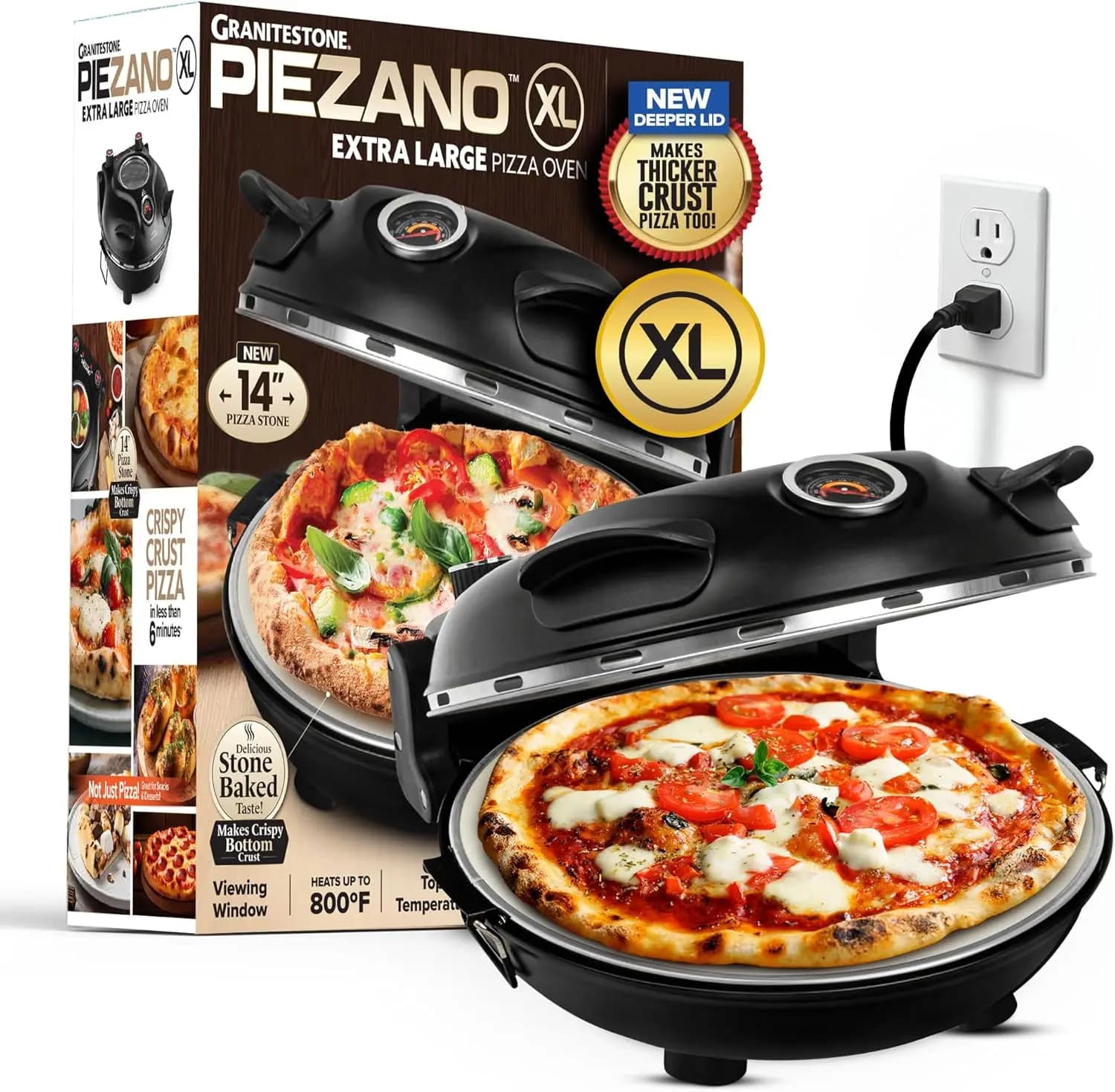 XL 14 Inch Electric Indoor Pizza Oven Heats up to 800˚F - Pizza Maker with Stone for Crispy Crust Pizza, Cooks in Under 6