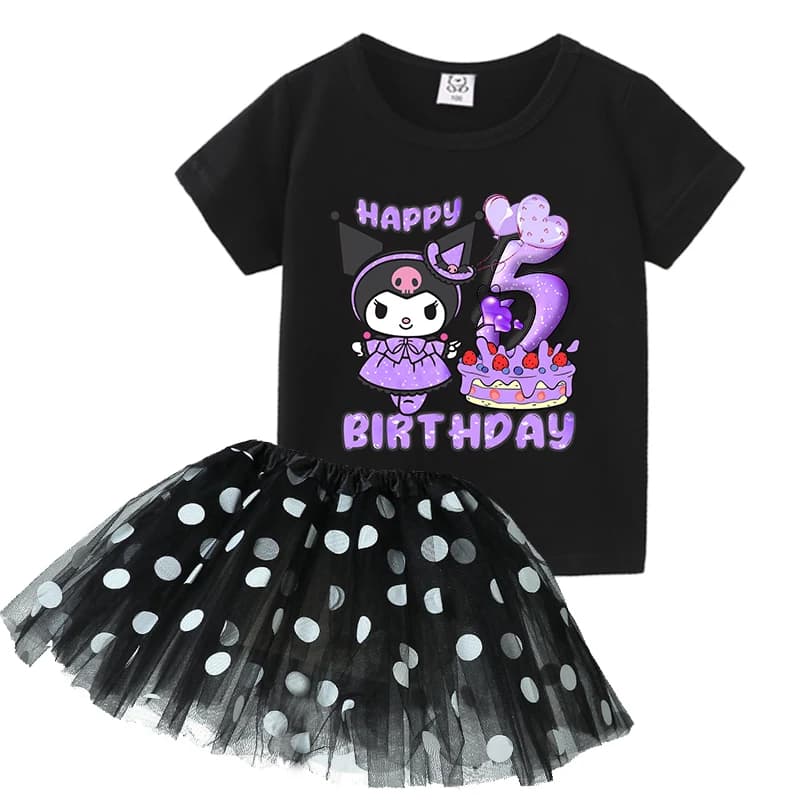 Kuromi Girl Birthday Clothes Set Number T Shirt Polka Tulle Skirt 2pcs Suit Toddler Tutu Short Dress Short Sleeve Tee Outfit