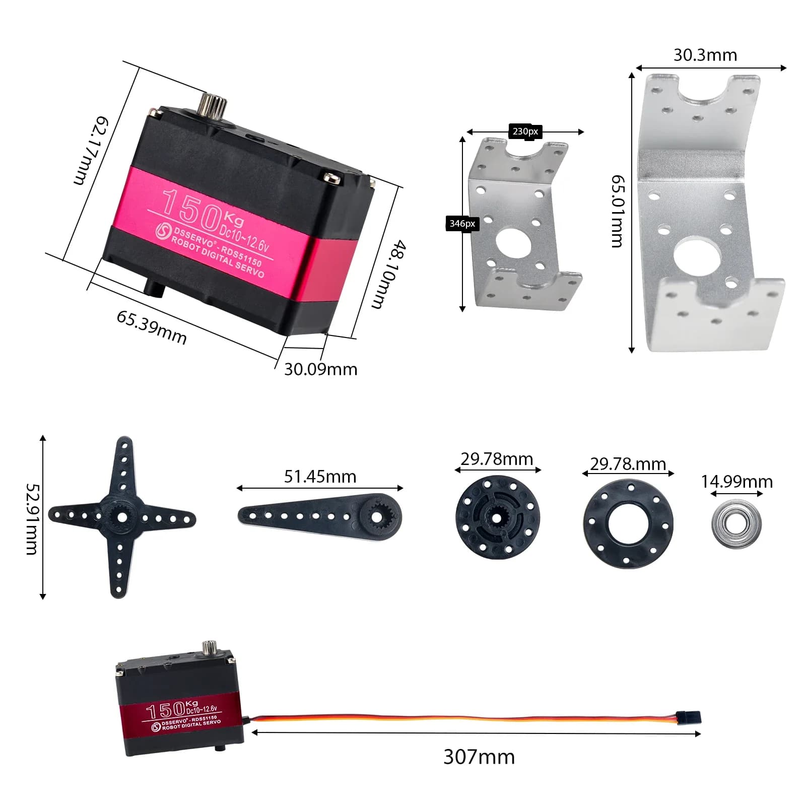 Dsservo 150KG 12V RDS51150 Servo robotico digitale in metallo a doppio albero con staffa di montaggio a U IP66 impermeabile 180 / 270 gradi