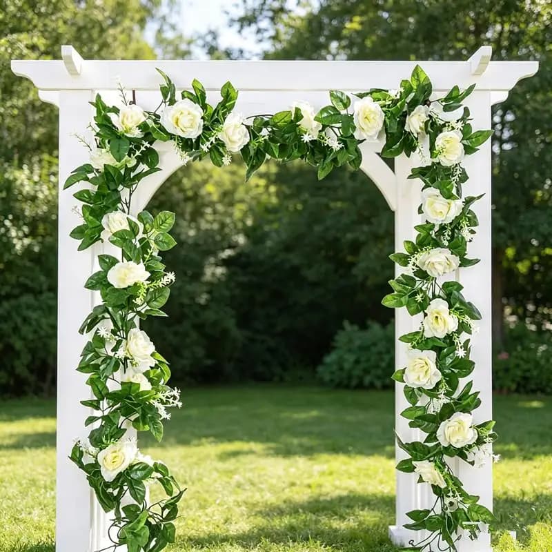 Piante Rampicanti Artificiali con Fiori Bianchi per Decorazione di Casa, Portico e Pareti, Foglie Finte Verdi, 1 Pezzo Lungo