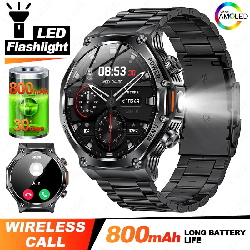 LIGE Torcia esterna 800mAh Smart Watch 1.8 pollici HD AMOLED Schermo Bluetooth Chiamata wireless Fitness Sport Smartwatch impermeabile