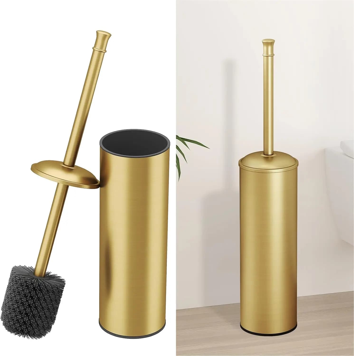 Set di spazzole per WC con manico extra lungo e setole resistenti, supporto in acciaio inossidabile anti-goccia in oro spazzolato