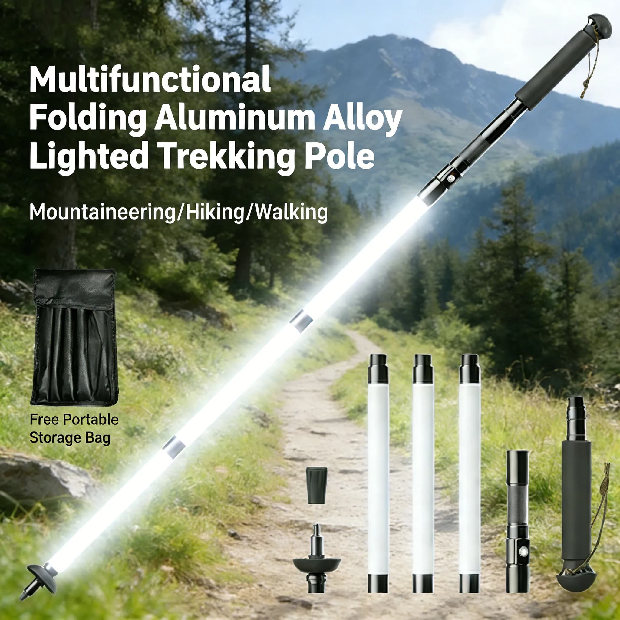 Bastoncini da Trekking Ultraleggeri Pieghevoli con Assorbimento degli Urti e LED, Adatti per Escursionismo e Campeggio