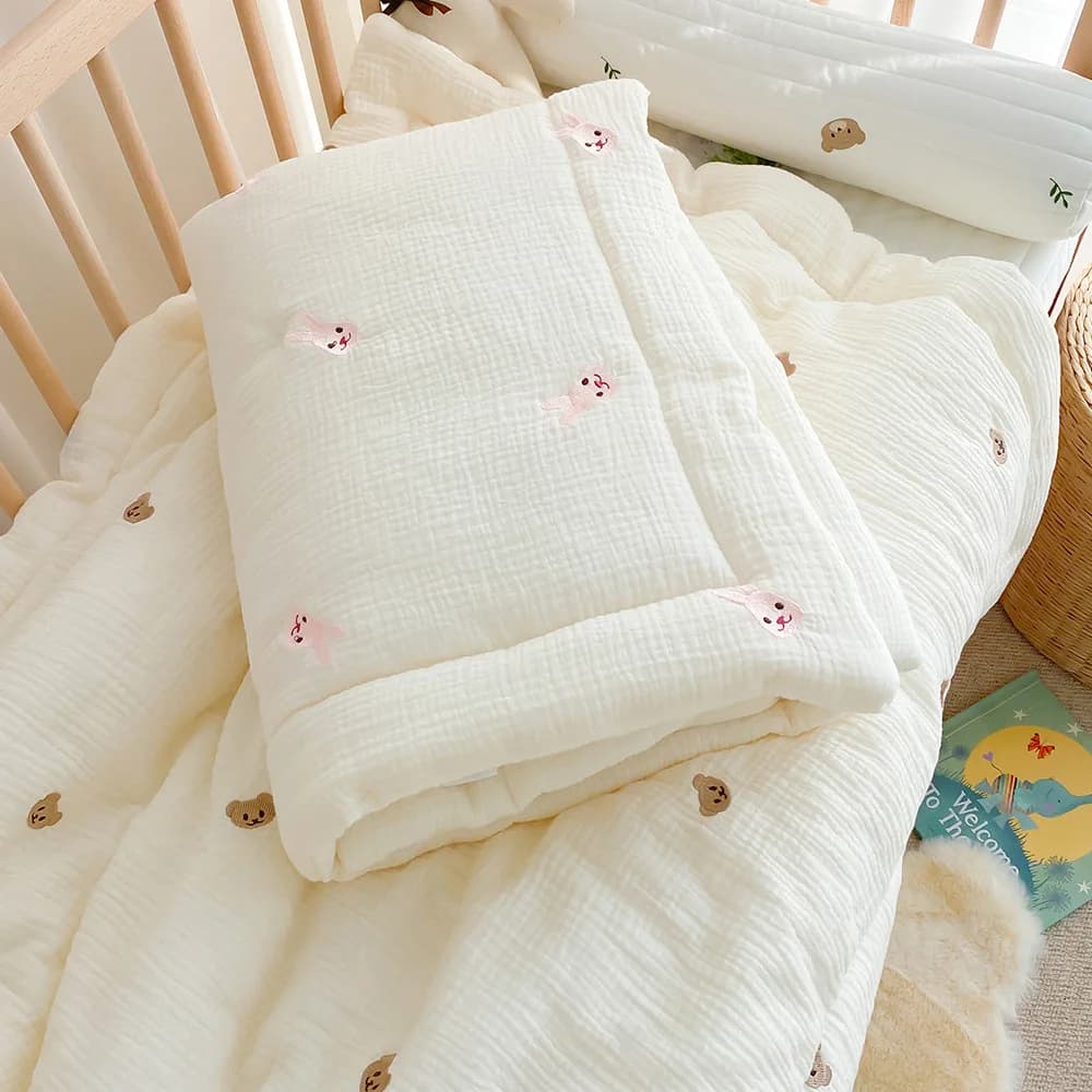 Coperta in Mussola per Neonati, Fascia Avvolgente Coreana con Orsetto e Coniglietto, Trapunta Calda per Culla, Accessori per Lettino in Puro Cotone 1x1,2M