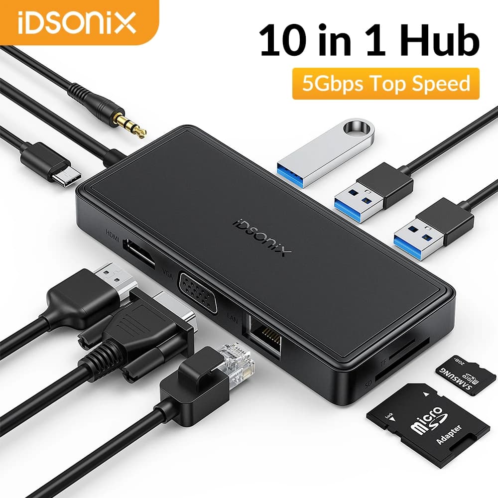 Hub USB-C iDsonix Multi-Adattatore 10 in 1, Docking Station 5Gbps 4K/30Hz HDMI VGA USB 3.0 SD TF Jack Audio 3.5mm Ethernet