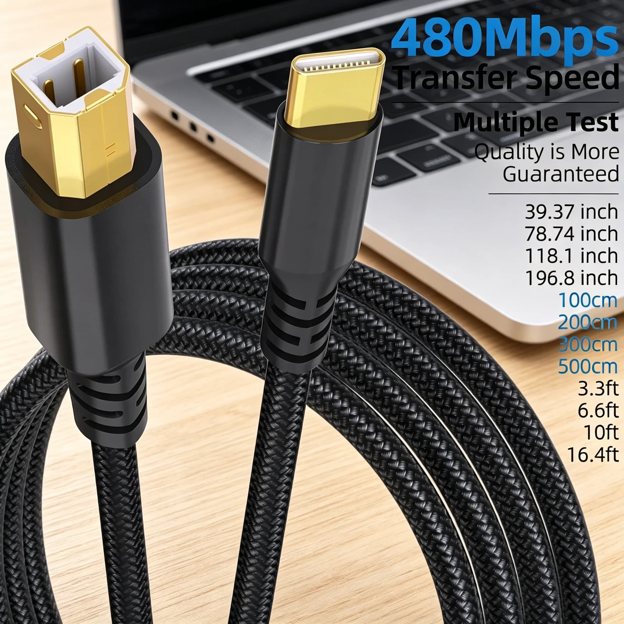 Nylon Braided USB C to B Printer Cable High Speed Data Transfer Cord Durable Scanner Wire for Office Printing Scanning Equipment