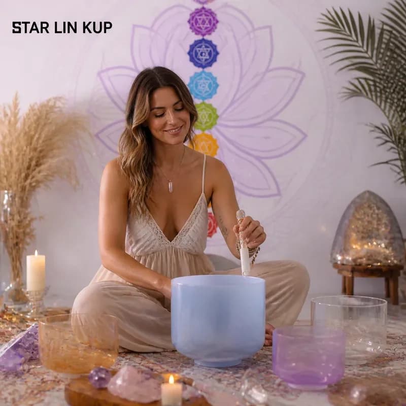 STAR LIN KUP Sky Blue Gradient Crystal Singing Bowl for Sound Healing Meditation Yoga Chakra Balance Therapy 7 Inch