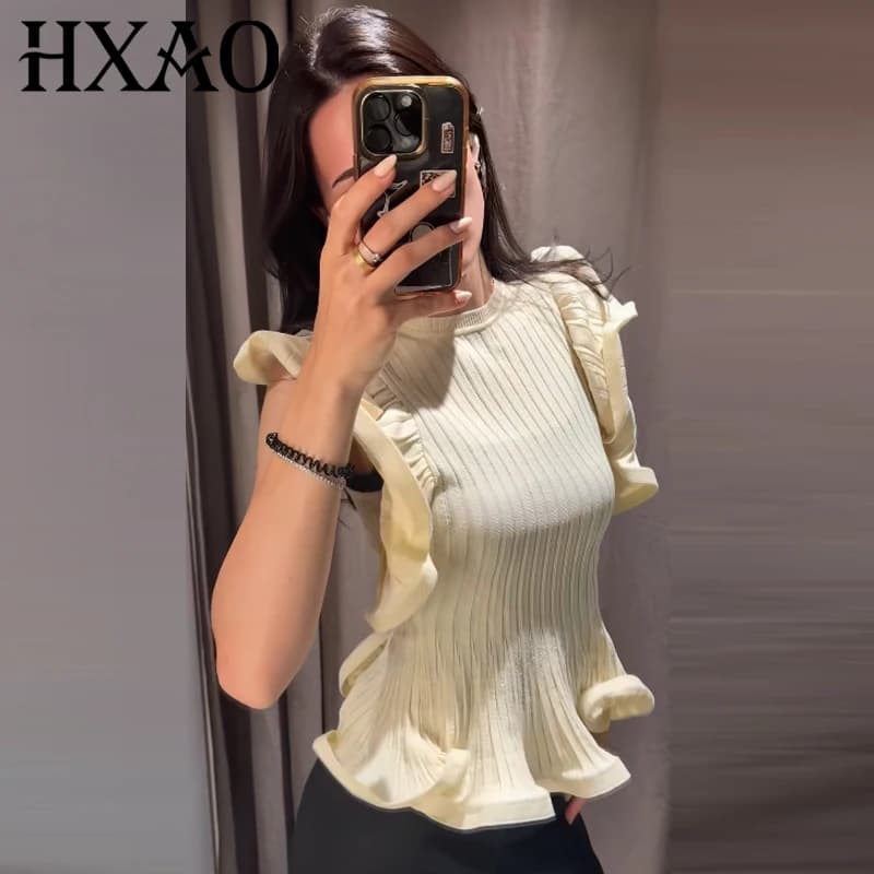 HXAO 2026 Women's Rib Knit Jumper Autumn Waves Ruffled Cropped Pullover Elegant Sleeveless Fitted Sweaters Chic High Street Vest