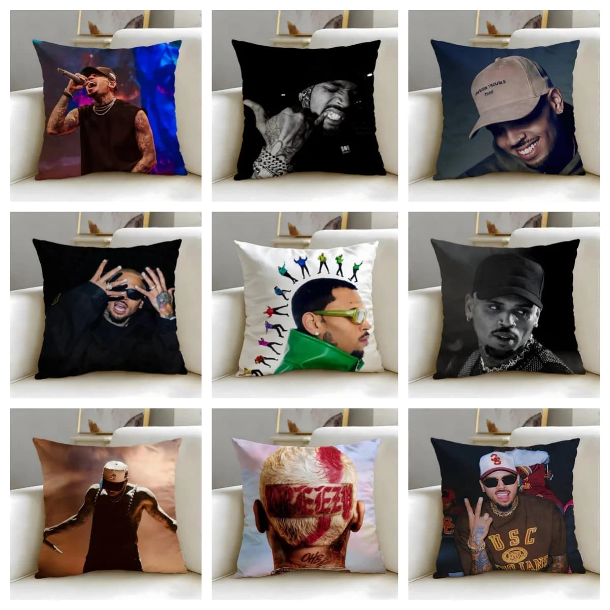 1 federa per cuscino Chris Brown, stampa fronte-retro 2D in poliestere, custodia per cuscino R&B Singer Merch, cuscino decorativo per divano