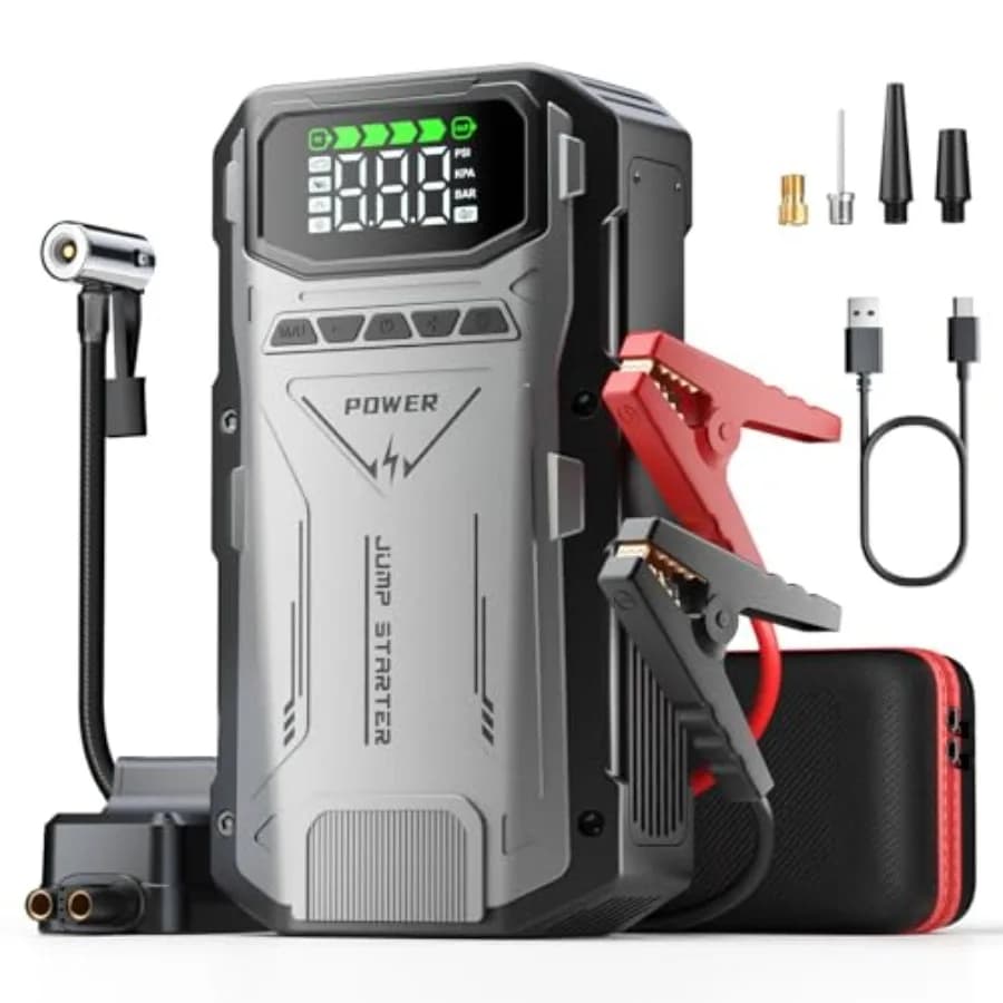 Avviatore di Emergenza con Compressore d'Aria 4000A, Caricabatterie Portatile per Auto, Gonfiatore Pneumatici 150PSI e Pacchetto di Avviamento per 1 Batteria