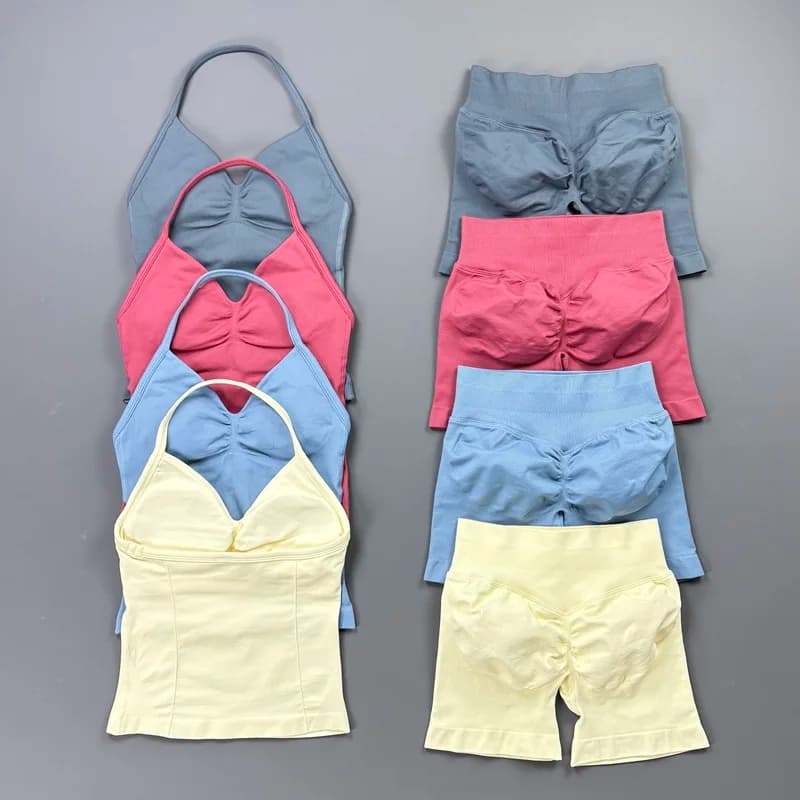2Pcs Gym Shorts Set Woman V Neck Sports Tank Top Seamless Yoga Hip Lift Short Leggings Sets Fitness Running Pilates Workout Set