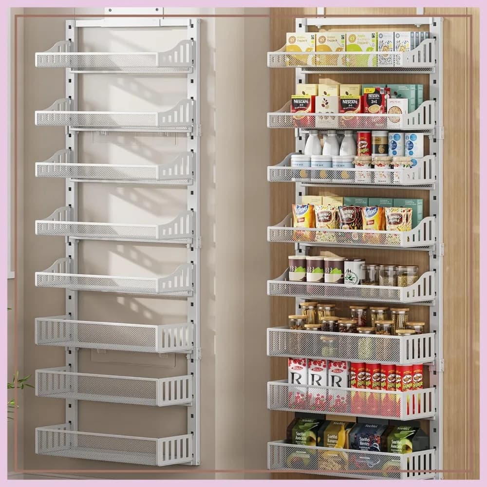 Organizzatore da appendere sopra la porta a 8 livelli, grande scaffale in metallo per spezie con cestello regolabile, 2 in 1: montabile a parete o da appendere, ripiano portaoggetti resistente per cucina e bagno