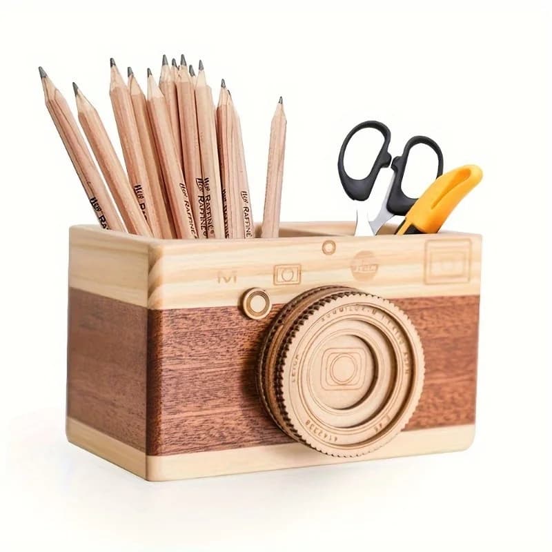 Portapenne creativo per fotocamera in legno da 1 pezzo: perfetto organizer da scrivania per la casa per stazionaria e il trucco