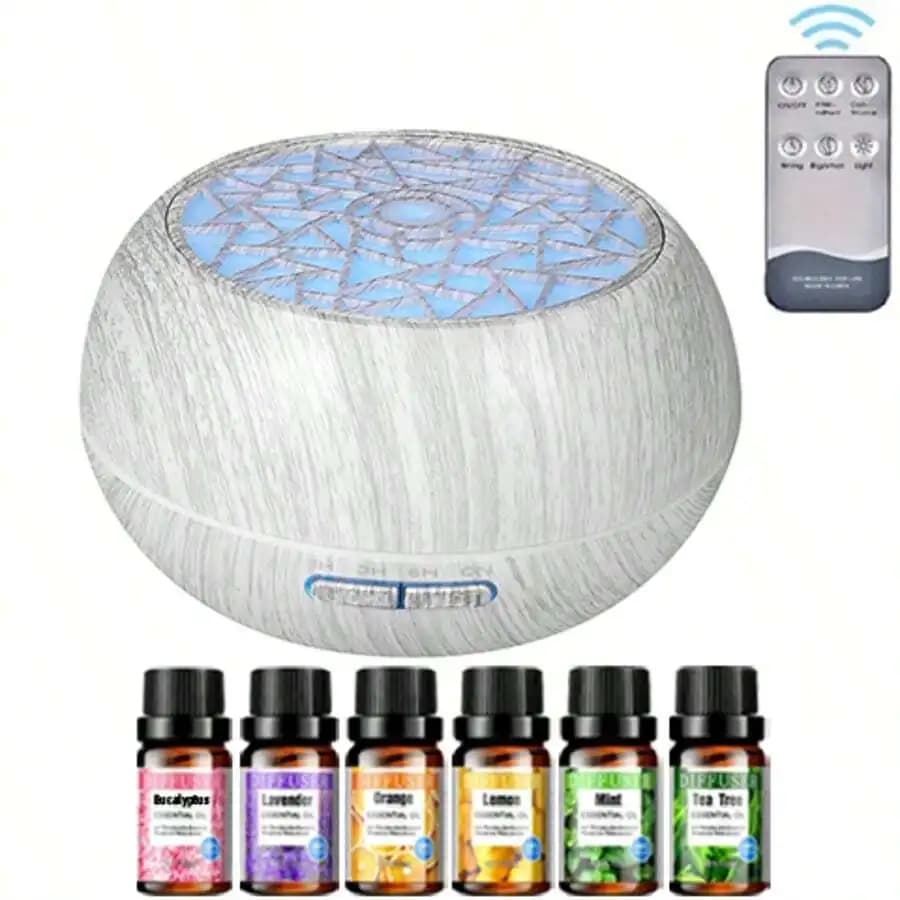 Diffusore di Oli Essenziali Effetto Legno da 550ml con 6 Oli Puri e Telecomando, Umidificatore a Ultrasuoni a Nebbia Fredda Formato Famiglia con 7 L