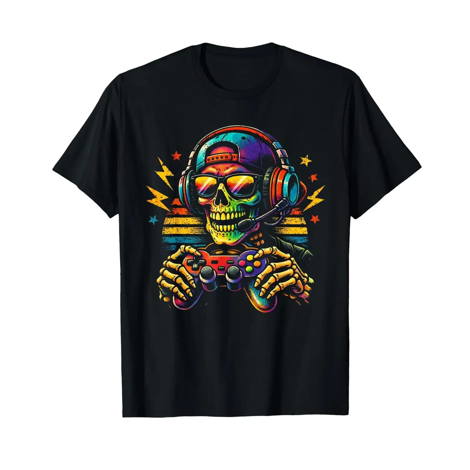 T-shirt vintage divertente da gamer con stampa scheletro, cuffie e gamepad, per videogiochi, lavata, elasticizzata, morbida, da uomo, per tutti i giorni