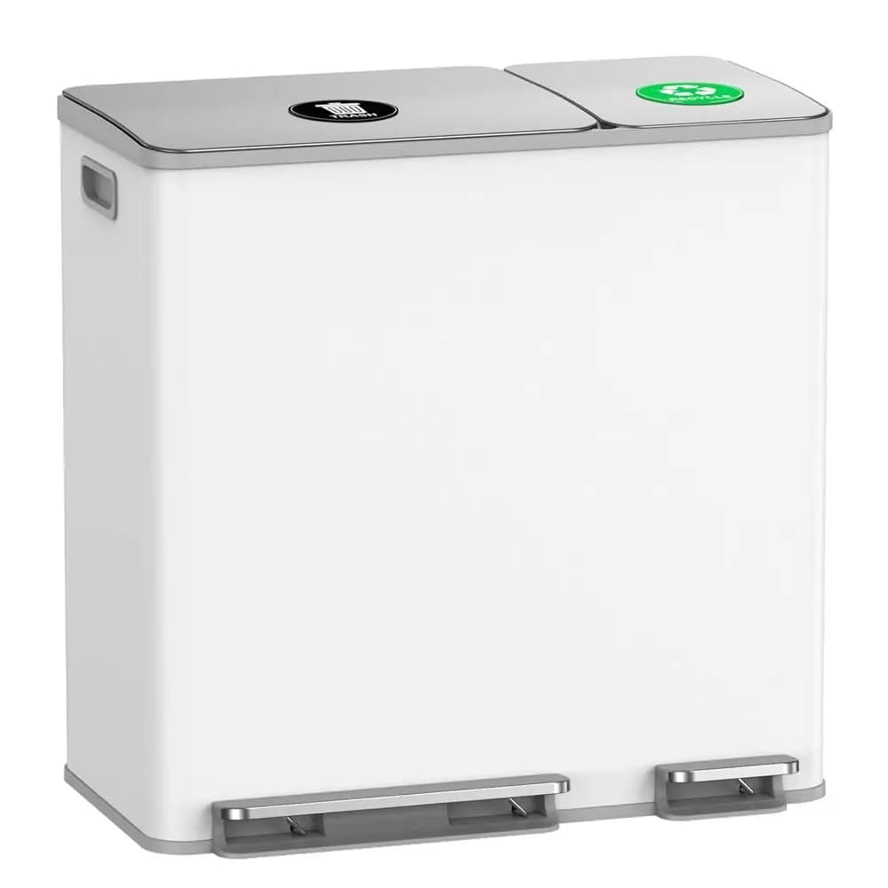 Bidone per Rifiuti e Riciclaggio da Cucina in Acciaio Inox, 13+6 Galloni, con Coperchio a Chiusura Morbida ed Etichette Magnetiche, Bianco