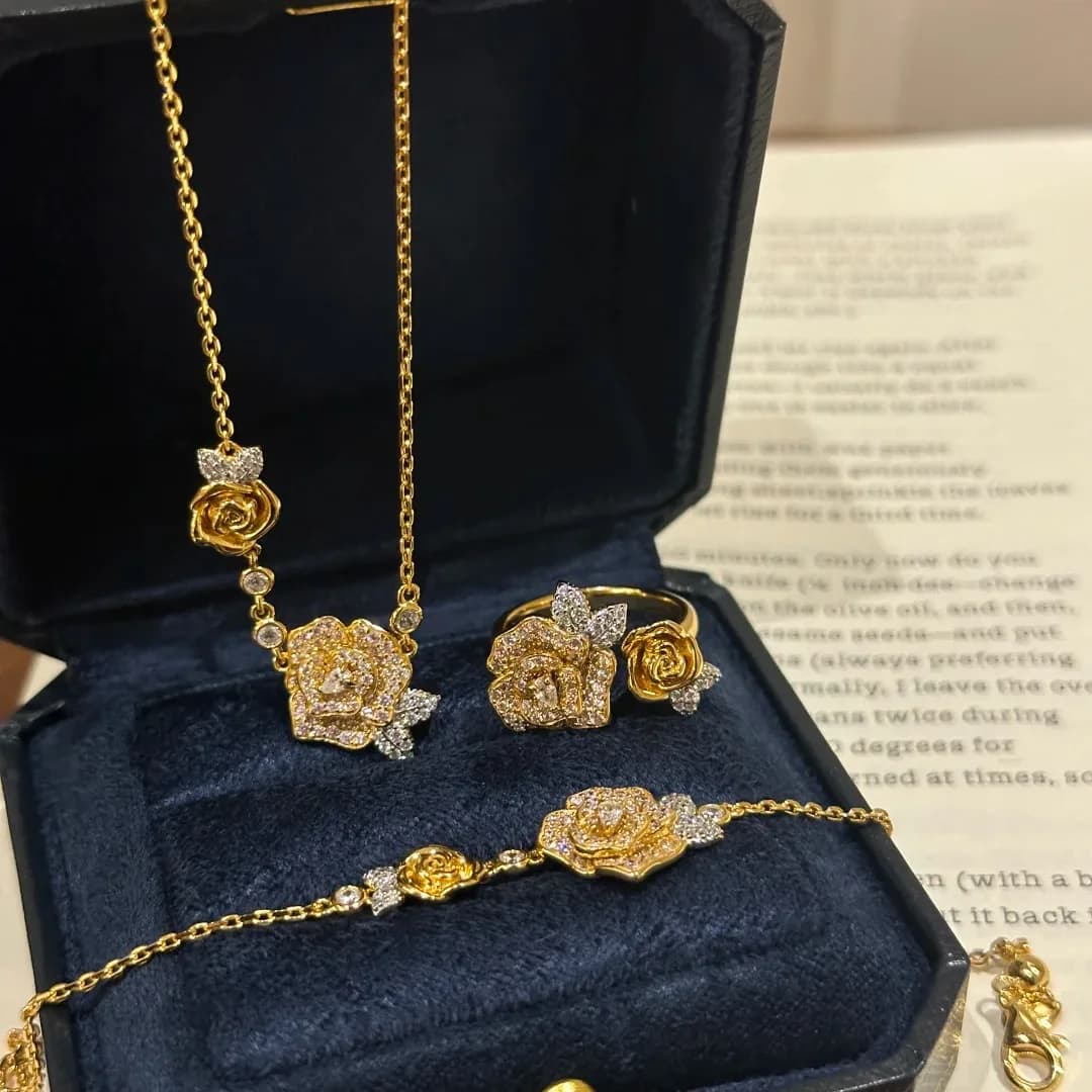 S925 sterling silver ring bracelet necklace set full of diamonds twin roses women's light luxury temperament