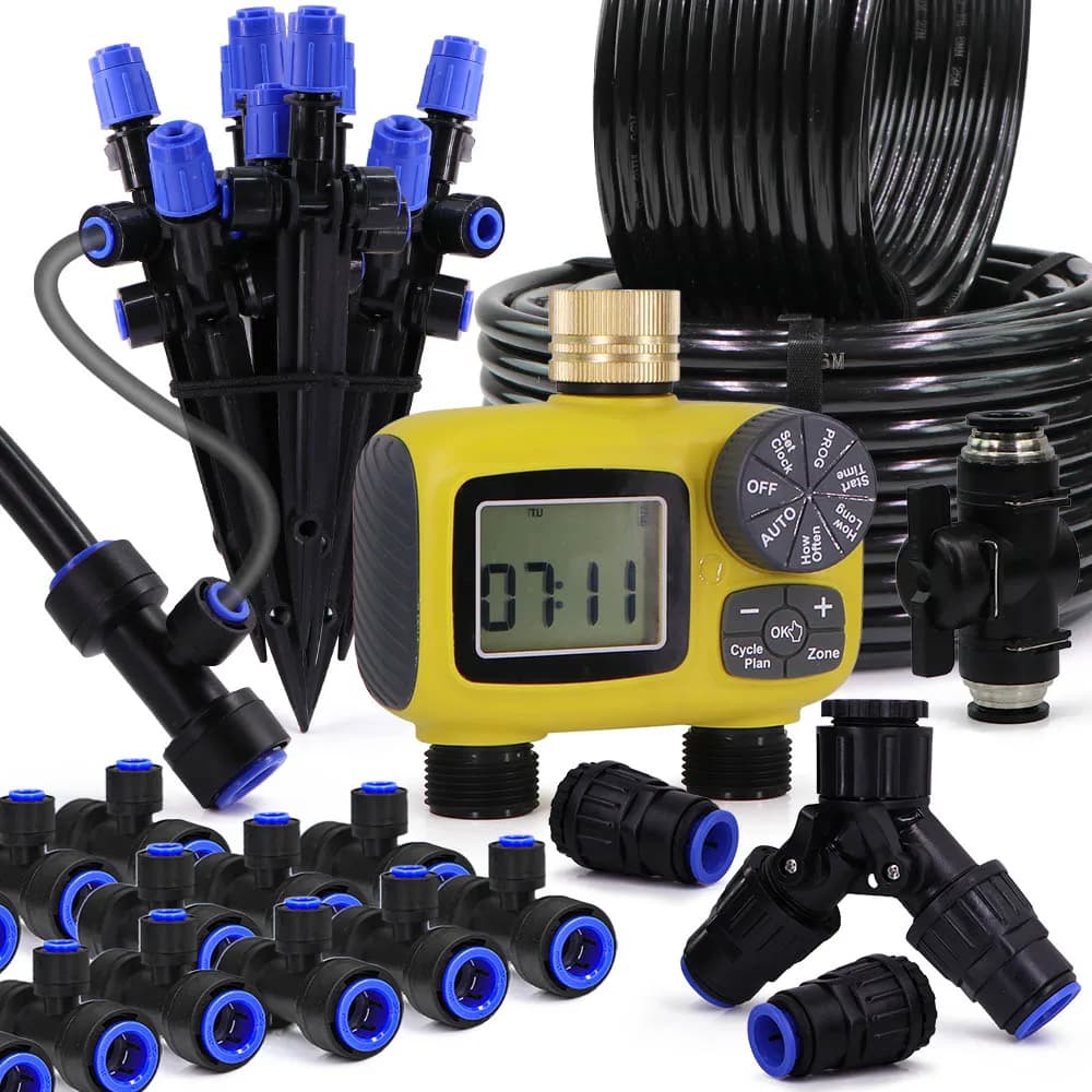 Sistema di irrigazione automatico LCD da 3/8" 9/12 mm, timer acqua 360 ° Irrigatori regolabili Tubo in PE Collegamento rapido per piante da giardino Irrigazione temporizzata