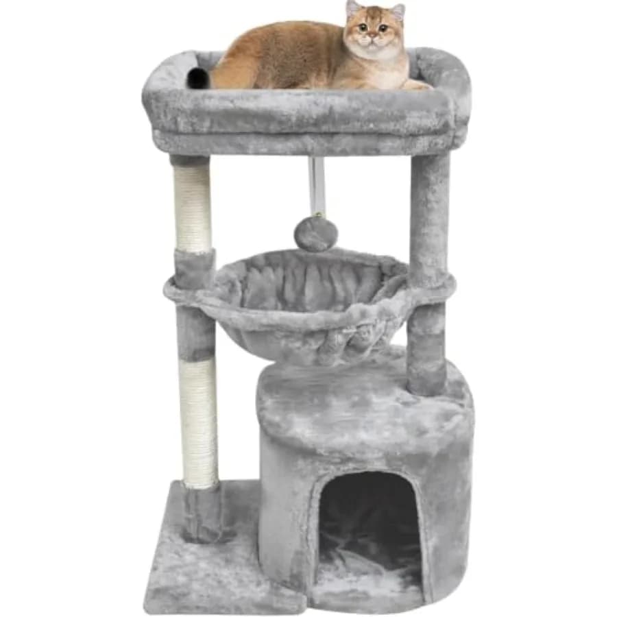 Tiragraffi per Gatti da Interno, Piccolo Albero per Gatti con Postazione di Gioco, Tiragraffi Moderno per Gattini con Cesto e Elementi Sospesi